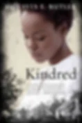 Book cover of Kindred by Octavia E. Butler, showing a woman in profile above small houses in a muted, somber scene.