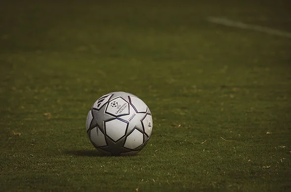 UEFA Champions League soccer ball resting on a grassy field under dim light, with a dark blurred background.