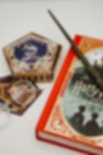 Harry Potter book, wand, glasses, and Frog chocolate box on a white surface