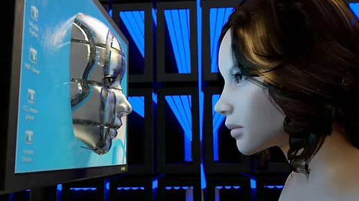 Woman stares at a monitor showing a robotic face, with blue desktop icons and neon-lit tech panels in the background.