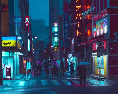 Rainy neon-lit Tokyo street with pedestrians holding umbrellas beneath Japanese signs and glowing storefronts.