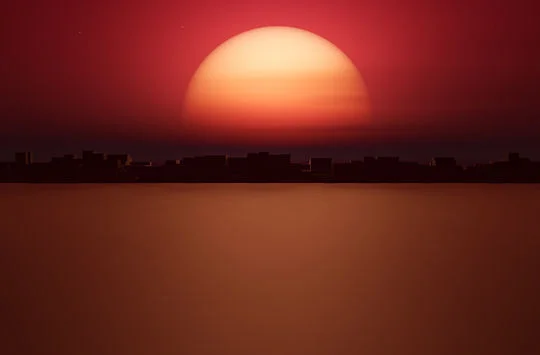 Glowing red-orange sun over a dark city skyline and calm water, with a moody dusk sky.